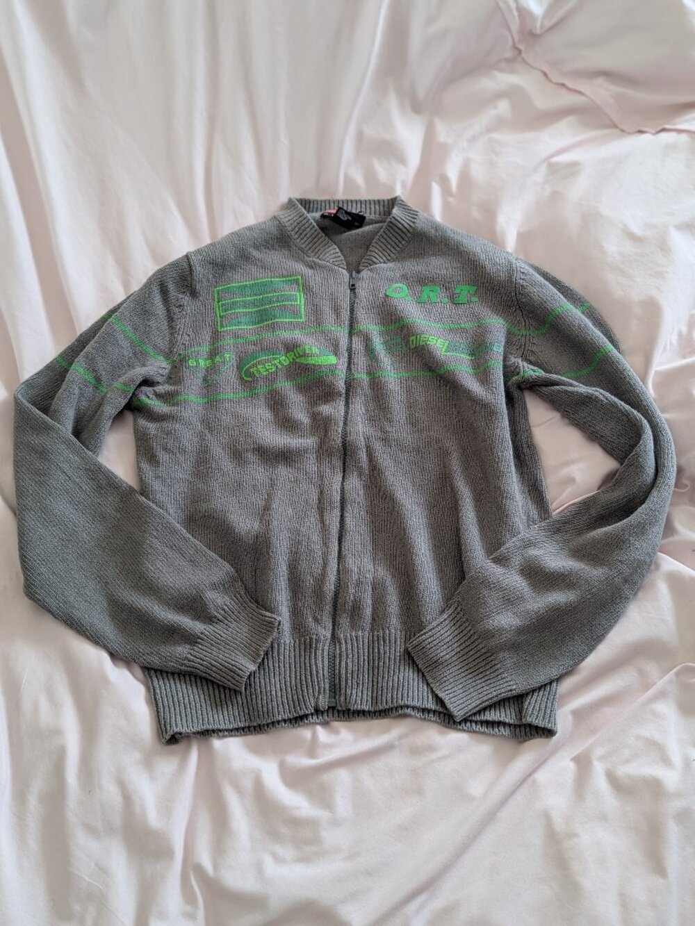 Diesel Grey Green Graphic Zip Up Sweater Size L